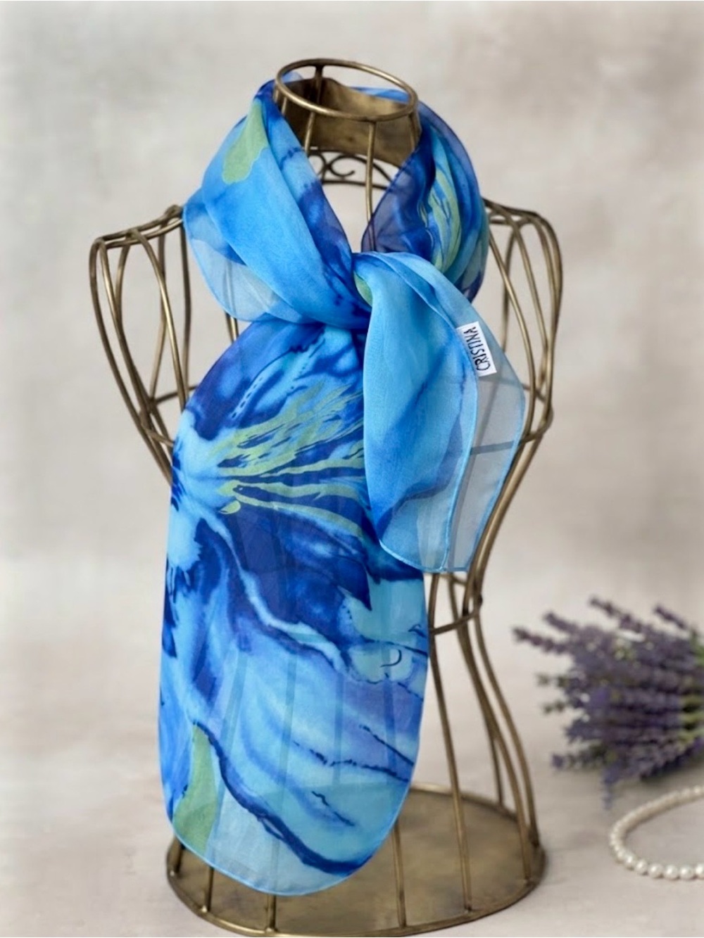 Christina Vintage Blue Floral Sheer Mesh Scarf Made in Canada